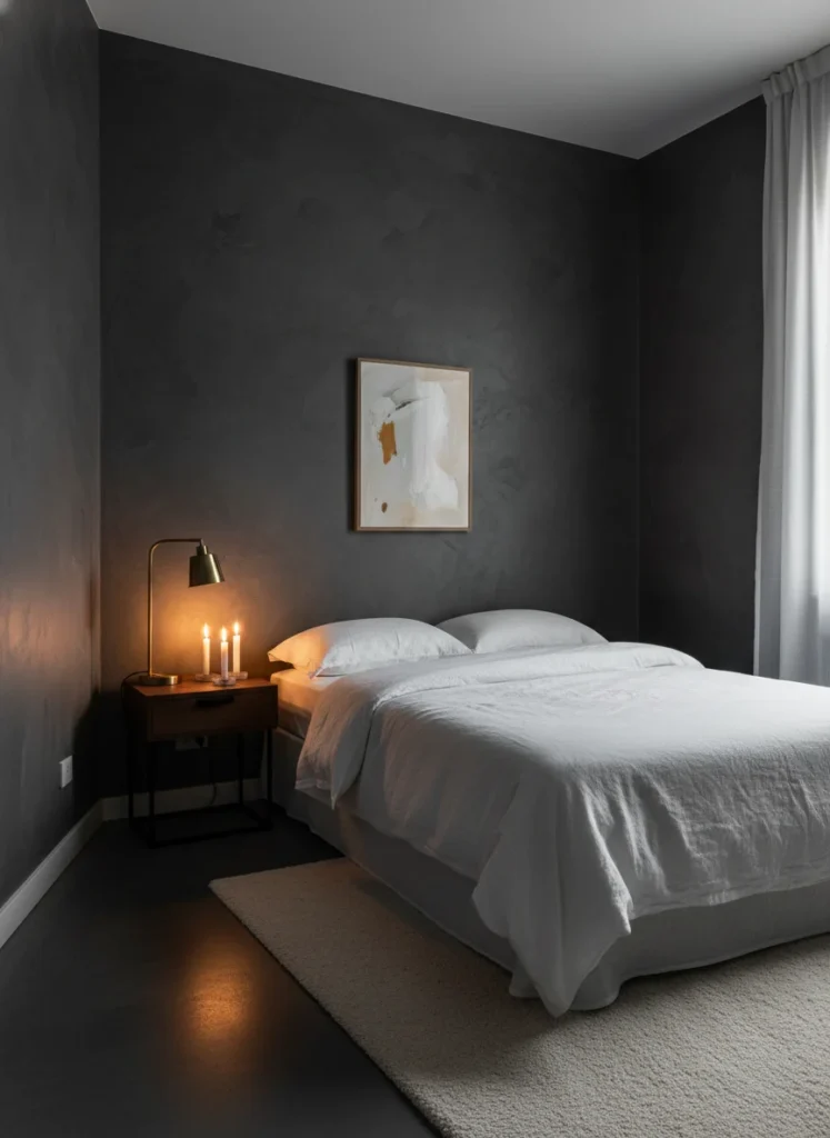 A small bedroom with all four walls limewashed in a deep charcoal gray tone. The limewash texture creates variation in the dark color, from near-black in shadowed corners to a softer, warmer gray where light hits. White linen bedding in bright contrast against the dark walls. A brass reading lamp on the nightstand. The room feels intimate, dramatic, and completely deliberate. Candlelight quality warm light. Editorial interior photography.