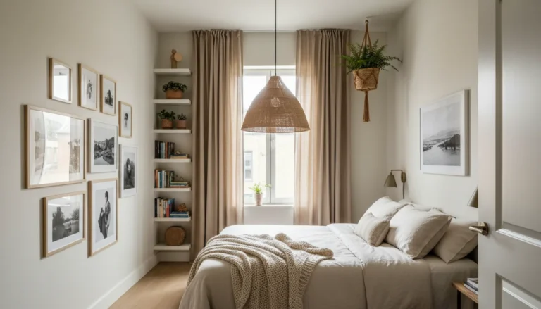 A small bedroom with dramatic high ceilings, approximately 12 feet, decorated to use the full vertical space: floor-to-ceiling curtains in warm linen hung from ceiling-mounted rods, a tall built-in bookshelf reaching from floor to ceiling on one wall, a statement pendant chandelier hanging low over the bed, a vertical gallery wall of art stacked in columns from low to high, a hanging macrame plant holder near the ceiling. The room reads as intentional and expansive. Editorial interior photography, wide shot.