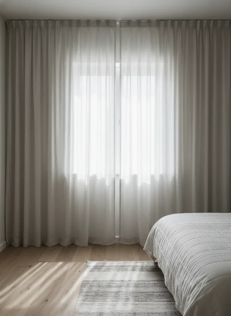  A small bedroom with high ceilings showing curtain rods mounted directly at the ceiling line, with floor-length linen curtain panels that fall from the very top of the wall to the floor. The window itself is a standard size in the center of the curtain expanse. The effect makes the entire wall read as a curtained surface, massively amplifying the perceived height. Editorial interior photography, full wall view.