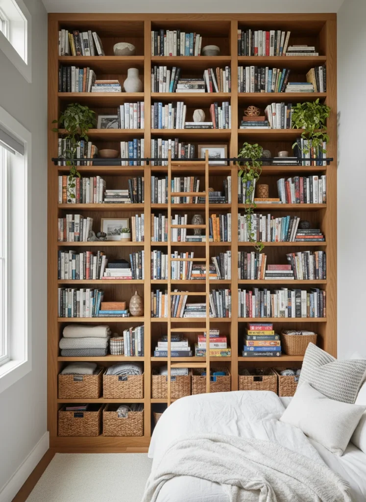 A small bedroom with high ceilings where one entire wall is lined with floor-to-ceiling open shelving in natural wood, extending from the floor all the way to the ceiling. The upper shelves hold books and decorative objects. The lower shelves hold everyday items. A small rolling library ladder leaning against the shelves gives access to the upper levels. The wall reads as a library and is the room's most dramatic feature. Editorial interior photography.