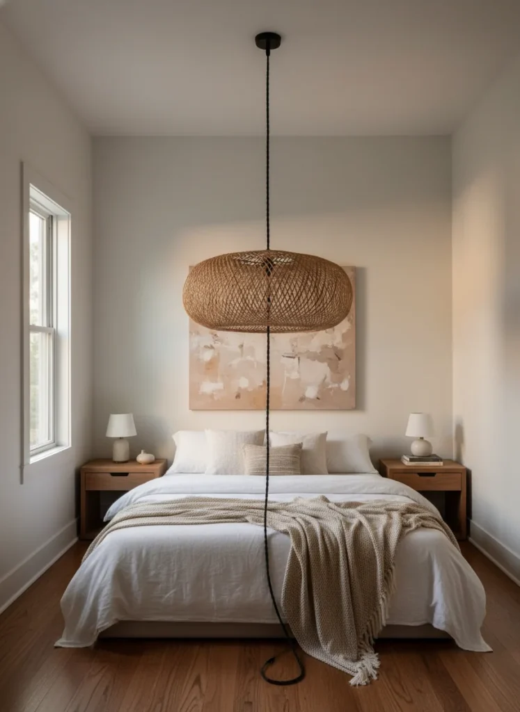 A small bedroom with 12-foot ceilings where a dramatic rattan or woven pendant chandelier hangs on a long cord from the high ceiling, positioned centrally above the bed. The pendant hangs at approximately 7 feet from the floor, which is low relative to the ceiling but perfectly positioned as a bed-zone canopy effect. The long cord and dramatic drop create a designed focal point that connects ceiling to bed. Warm evening light. Editorial interior photography.