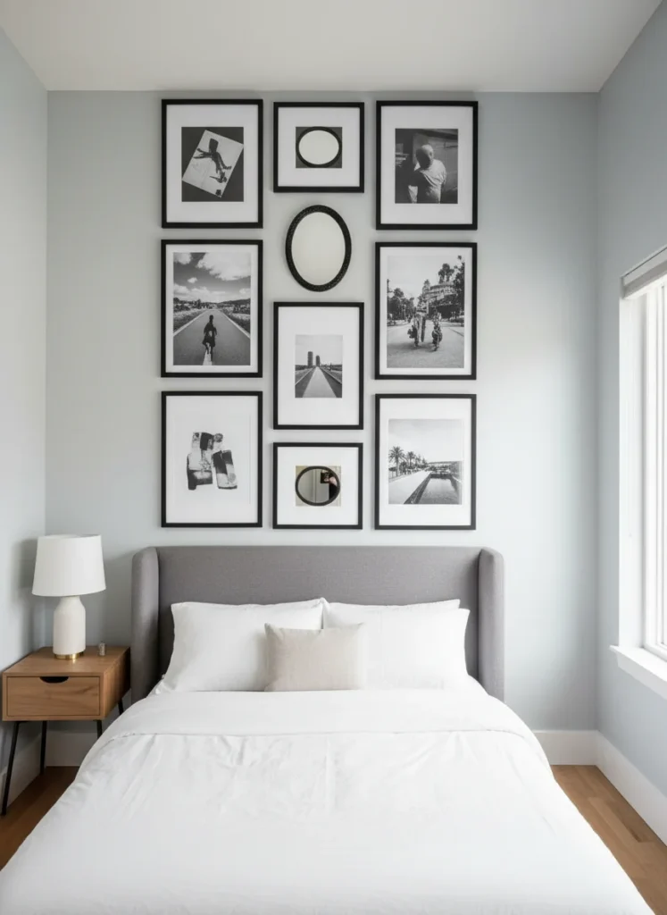A small bedroom headboard wall with a vertical gallery wall arrangement where frames are stacked in tall columns, extending from just above the headboard all the way up to within 12 inches of the high ceiling. The columns are different widths but all reach the same height at the top. Mix of frame sizes, all in black frames. Art inside: prints, photos, small mirrors. The gallery wall fills the vertical space between the headboard and the ceiling that is typically empty. Editorial interior photography.