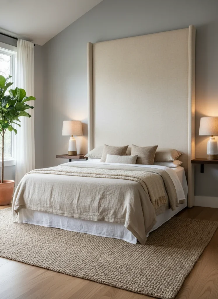 A small bedroom with high ceilings where a very tall upholstered headboard, approximately 70 to 80 inches tall, is mounted on the wall behind the bed. The headboard fills the wall space from the mattress level to just above standard door height, making the bed zone feel anchored and proportional to the room's scale. Linen upholstery in warm ivory. Warm lamps on floating shelves on each side. Editorial interior photography.