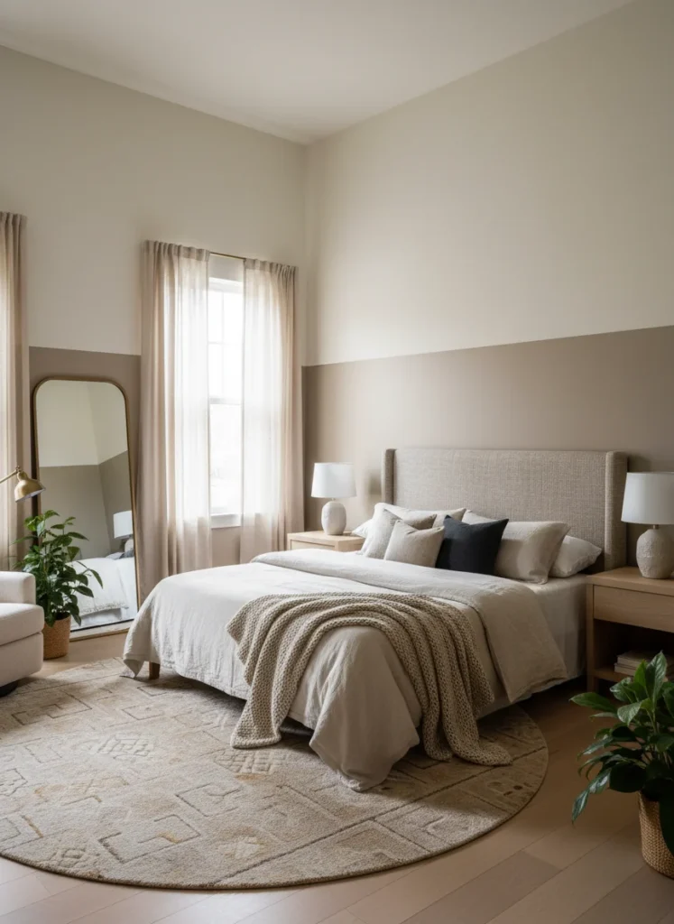 A small bedroom with high ceilings where the lower two-thirds of the wall is painted in a warm greige or earthy neutral tone, and the upper third of the wall plus the ceiling is in a soft warm white. The horizontal color break creates a visual 'dado line' that makes the room feel more intimate and proportional. Furniture and bedding sit within the lower colored zone. The room feels cozy rather than cavernous. Editorial interior photography.