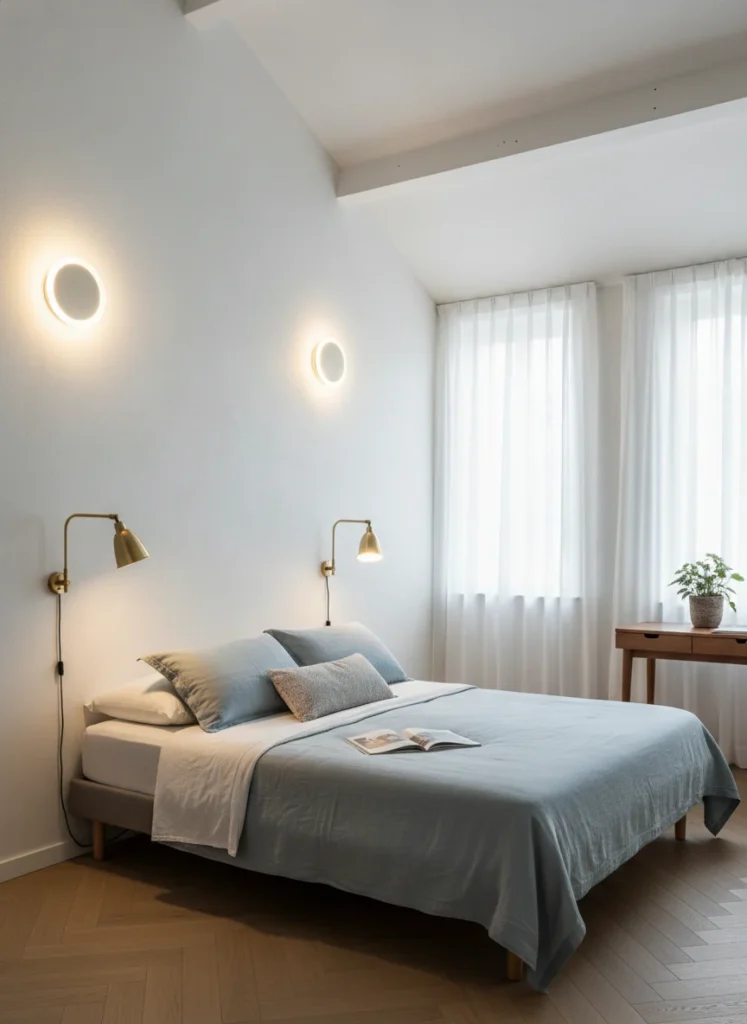  A small bedroom with high ceilings where wall sconces are mounted at two heights: one pair at the standard reading height of 58-60 inches beside the bed, and a second pair of decorative sconces mounted higher on the wall at approximately 8-9 feet, creating ambient upward light that illuminates the upper wall and ceiling. The upper sconces are purely atmospheric. The layered lighting eliminates the cave-like quality of a high room lit only from below. Editorial interior photography.
