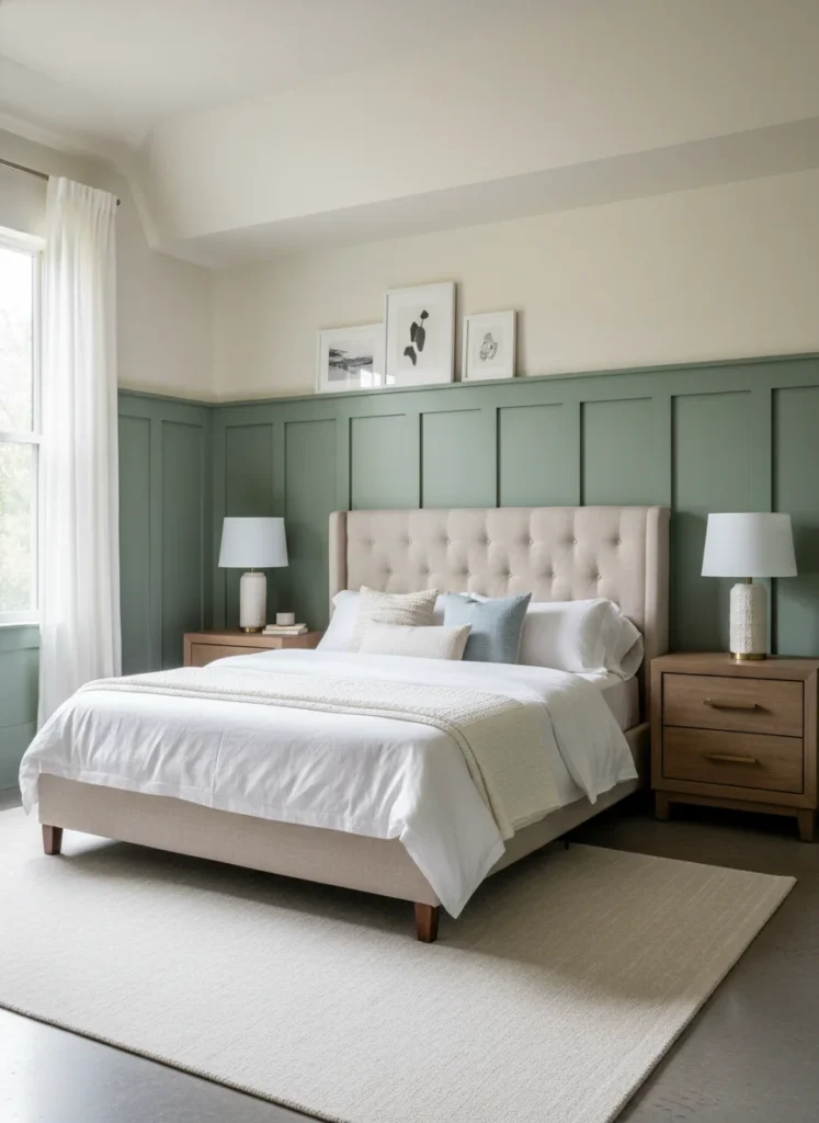A small bedroom with high ceilings where the upper third of the wall, from approximately 8 feet to the ceiling, has simple picture-rail style molding installed horizontally at the transition point between the two wall colors. Above the molding, the wall is smooth and light. Below it, the wall has vertical board and batten paneling that grounds the lower zone. The architectural detail makes the room feel genuinely built-out rather than just painted. Editorial interior photography.