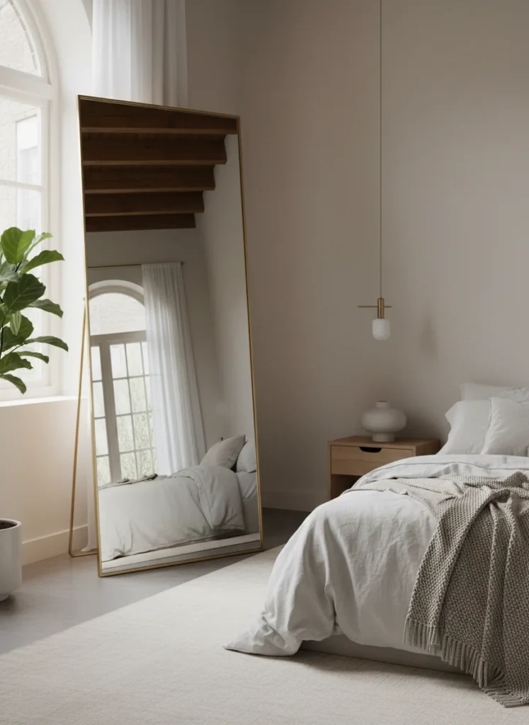 A small bedroom with high ceilings where a very tall leaner mirror, approximately 72 to 78 inches, is placed against the wall perpendicular to the window. The mirror reflects both the window and the full ceiling height, making the room appear to extend infinitely in the mirror direction. The mirror's tall proportion matches the room's scale. Editorial interior photography.