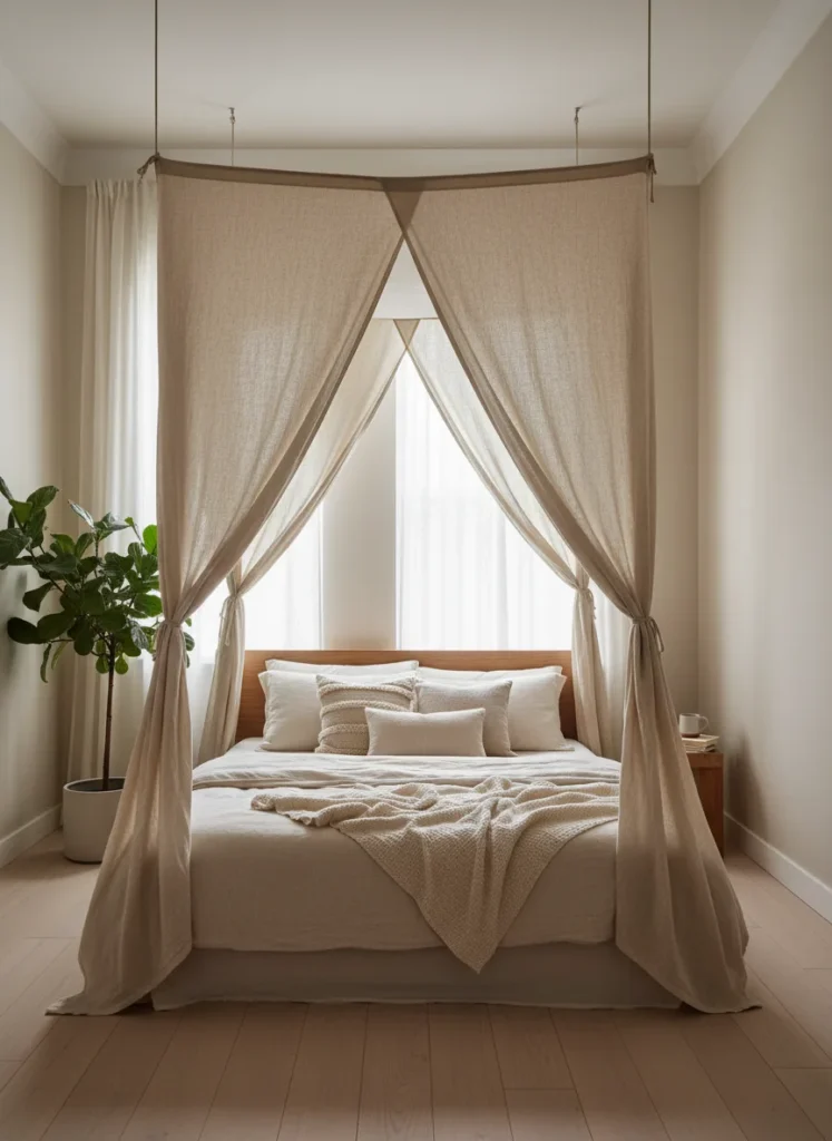 A small bedroom with very high ceilings where a fabric ceiling canopy is suspended above the bed: four light linen panels are attached to the ceiling in a square arrangement above the bed and fall to just below the bed's headboard height on the sides, creating a fabric tent effect. The canopy makes the sleeping zone feel intimate and cocooned despite the vast ceiling space above. Warm lamp light inside the canopy zone. Editorial interior photography.