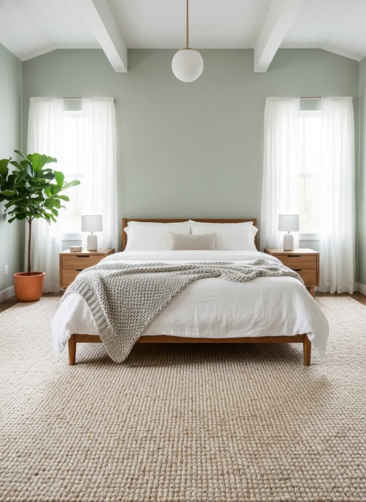 A small bedroom with high ceilings where a large natural jute or wool area rug extends well beyond the bed on both sides and at the foot, with significant floor coverage visible. The generous rug grounds the bed zone and prevents the furniture from looking like it is floating in a vast space. The rug's warm, natural tone connects the furniture to the floor. Wide room shot showing the full ceiling height and the generous floor coverage. Editorial interior photography.