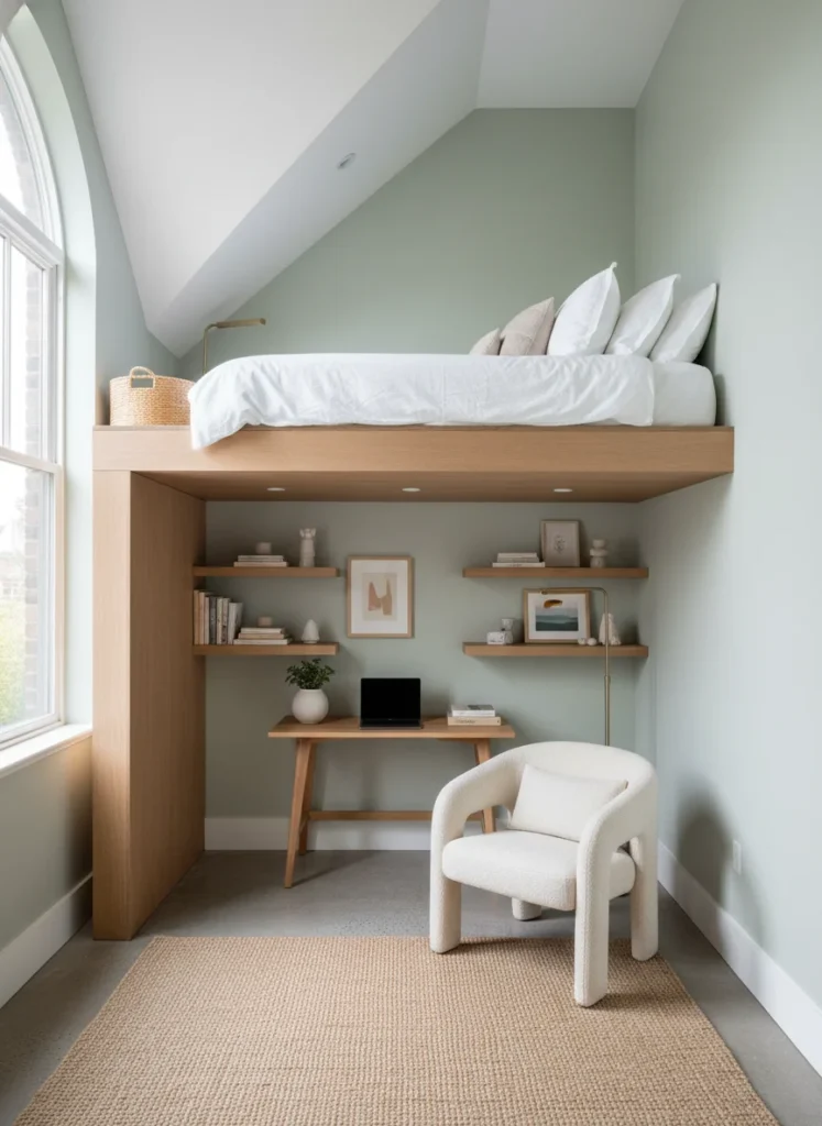 A small bedroom with high ceilings where a loft bed platform is installed at approximately 7 feet off the floor, with the sleeping area on top and a dedicated functional zone below: a compact desk, a reading chair, and open shelving. The ceiling clearance above the loft bed is comfortable. The room functions as both bedroom and workspace within the same floor footprint. Editorial interior photography, wide shot showing both levels.