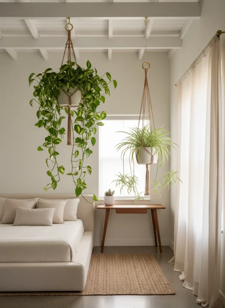 A small bedroom with high ceilings where hanging macrame plant holders are suspended at two different heights from ceiling hooks, holding trailing pothos and a spider plant whose vines cascade downward. The plants occupy the mid-to-upper vertical space between the furniture level and the ceiling. The room feels alive and layered with greenery at multiple levels. Warm natural light. Editorial interior photography.