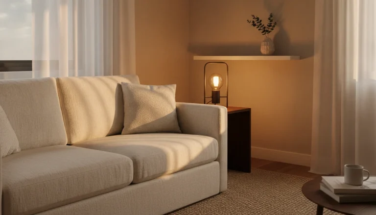 A cozy 580 square foot apartment living room corner styled with warm amber lighting, a cordless table lamp on a dark wood side table, a cream boucle throw pillow on a linen sofa, and a small ceramic vase with dried eucalyptus on a floating shelf. Shot on iPhone 14 Pro, natural golden hour light coming through sheer curtains, lived-in and real.