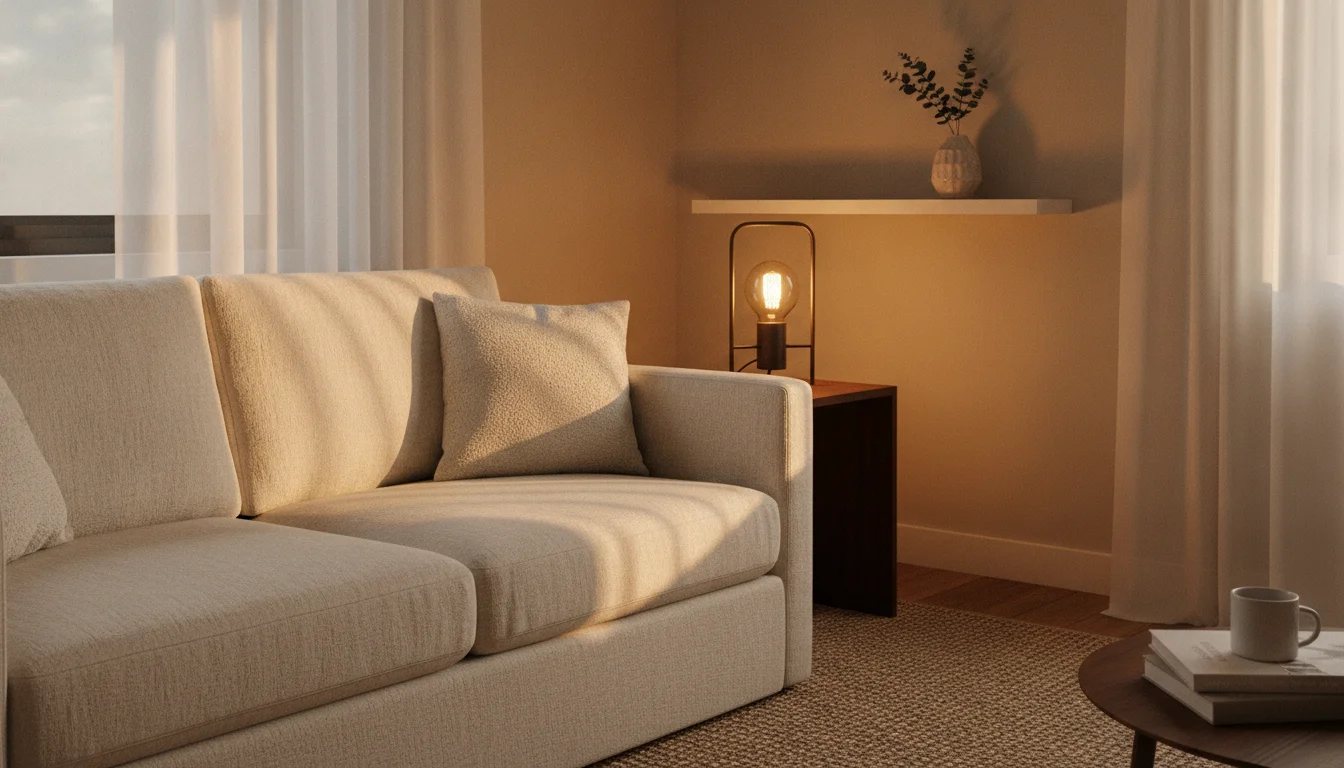 A cozy 580 square foot apartment living room corner styled with warm amber lighting, a cordless table lamp on a dark wood side table, a cream boucle throw pillow on a linen sofa, and a small ceramic vase with dried eucalyptus on a floating shelf. Shot on iPhone 14 Pro, natural golden hour light coming through sheer curtains, lived-in and real.