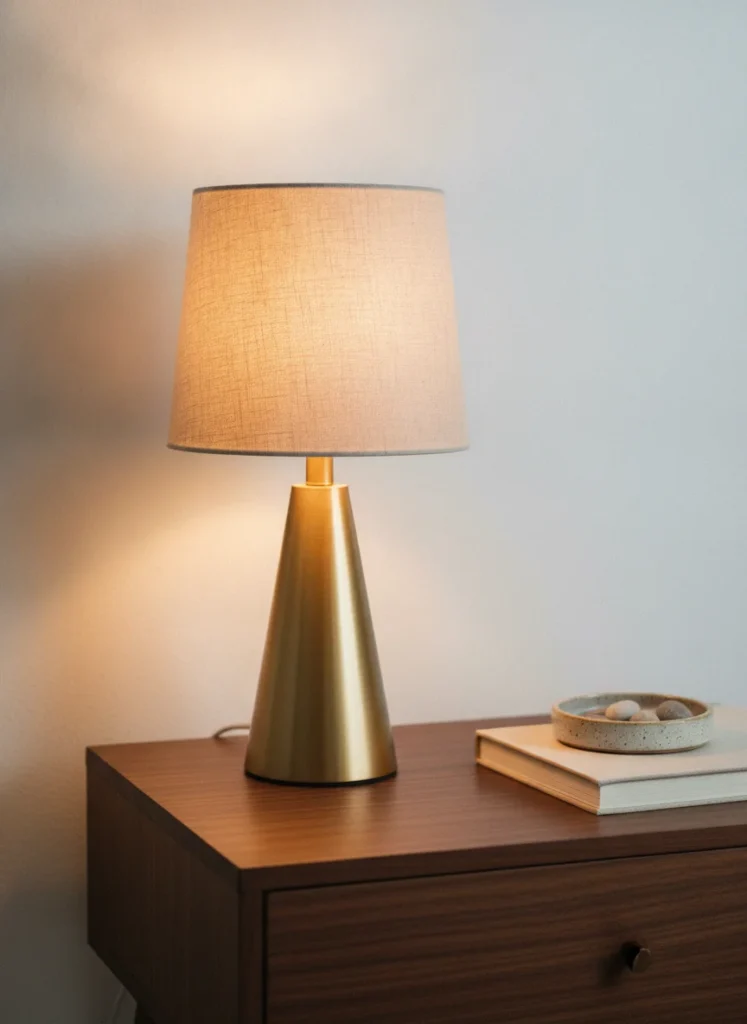 A cordless LED table lamp with a brushed gold finish and a linen shade, sitting on a narrow dark walnut nightstand in a small bedroom. The lamp is on, casting a warm amber glow against a soft white wall. A closed book and a small speckled ceramic dish sit beside it. Shot handheld on a Sony mirrorless camera, slightly imperfect angle, very warm and real.