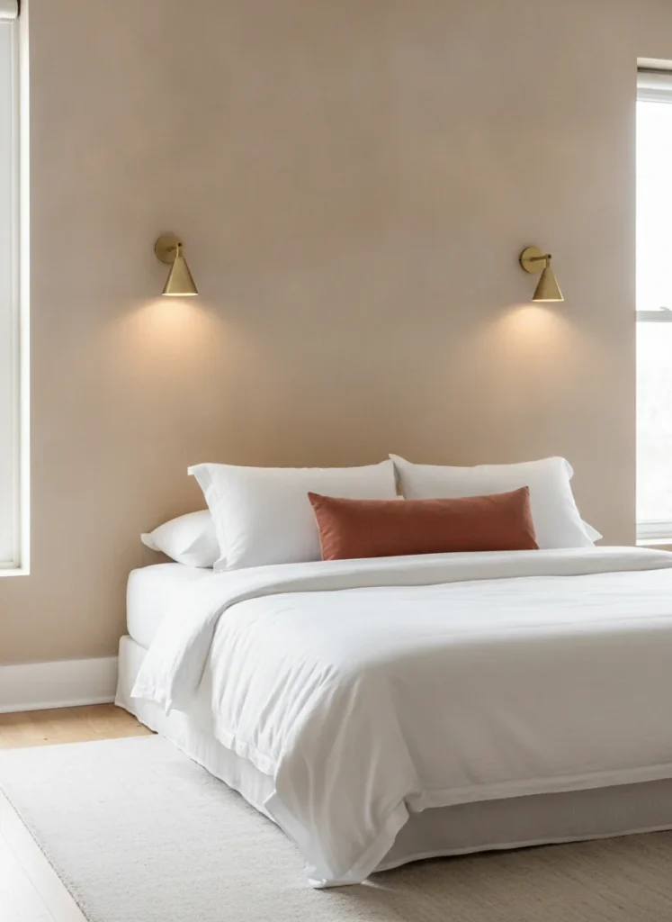 Two minimalist brass plug-free wall sconces with small cone shades mounted symmetrically on a warm beige wall, flanking a bed with white linen pillows and a terracotta lumbar cushion. The sconces are on, casting a soft focused downward glow. Shot on a phone from across the bedroom, natural window light in background.