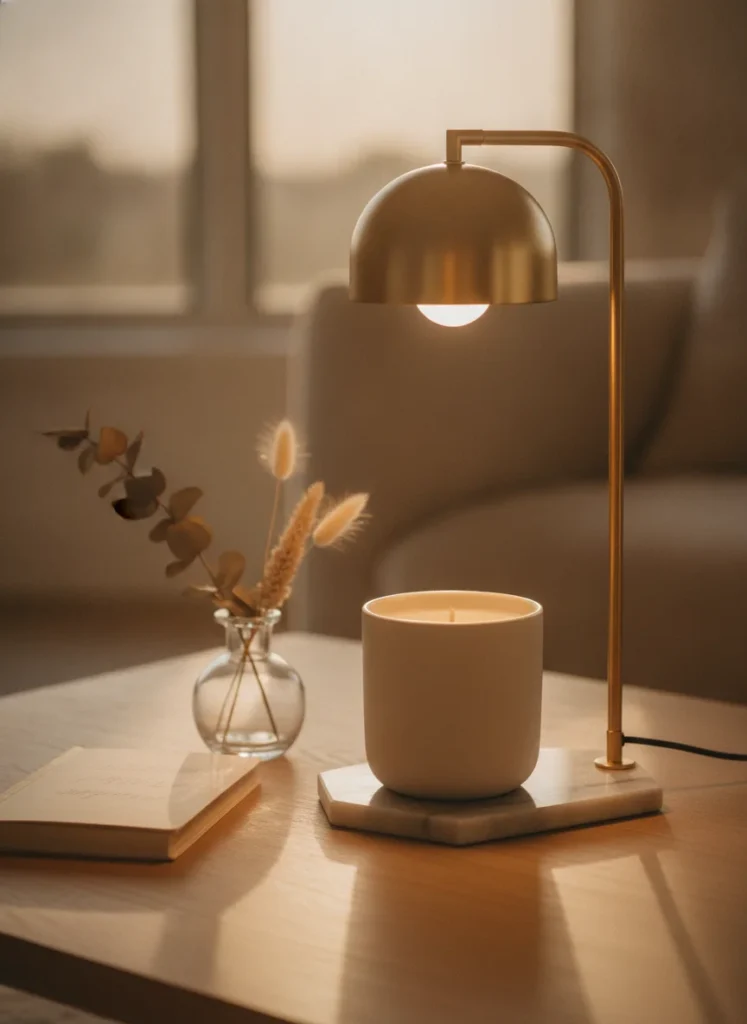 A tall gold candle warmer lamp with a minimalist dome shade, warming a large cream jar candle on a white marble coaster on a coffee table. A small open book and a few dried flowers in a short vase sit nearby. Warm, moody evening light, shot very close up on a phone in portrait mode.