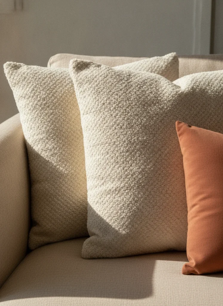 Two cream boucle throw pillow covers on a warm beige linen sofa, shot very close up at an angle that shows the loopy, nubbly texture of the fabric clearly. Afternoon sunlight rakes across the surface highlighting the depth of the weave. A terracotta lumbar pillow is partially visible to the right. Real, tactile, inviting.