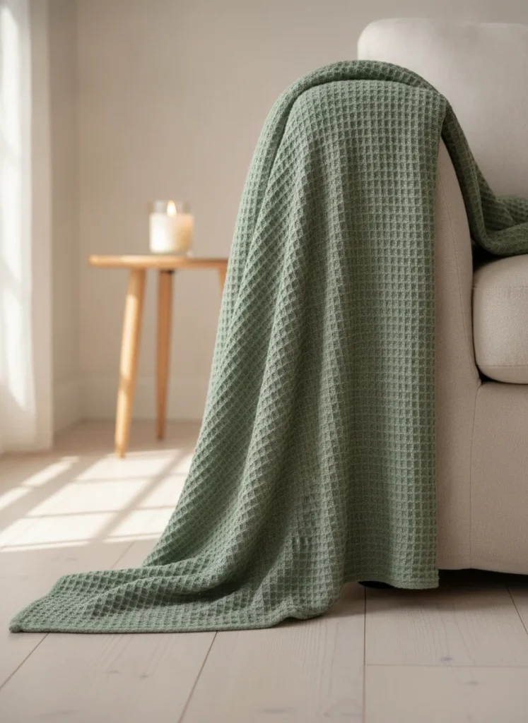 A sage green waffle weave cotton throw blanket draped naturally over the corner of a linen sofa, with one edge touching the floor. The tight grid pattern of the waffle weave is sharp and visible. A small side table with a candle is just out of focus in the background. Shot on a phone from a low angle, warm natural light.
