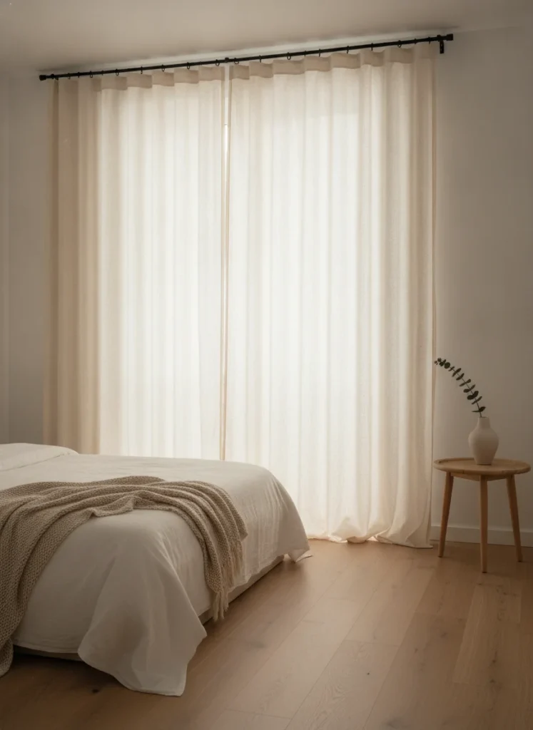 Floor-to-ceiling cream linen semi-sheer curtains in a small apartment bedroom, hung just below the ceiling on a black curtain rod. Morning sunlight filters through softly. The curtains pool slightly on light oak hardwood floors. The room is simple and clean, only a bed and a small side table visible. Shot on iPhone, natural morning light.