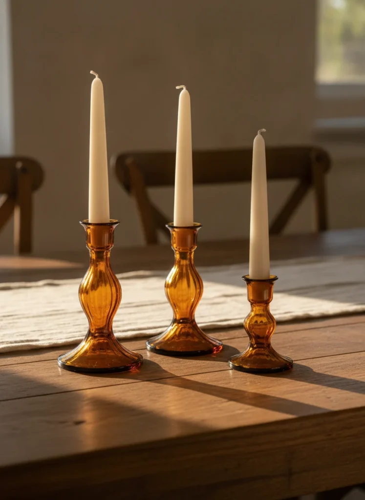 Three ribbed amber glass taper candle holders in graduated heights, holding unlit ivory taper candles, standing on a wooden dining table. Late afternoon sun hits the glass from the side and the amber glows warmly. A linen table runner is slightly visible. Shot very close from table level on a phone, background softly blurred.