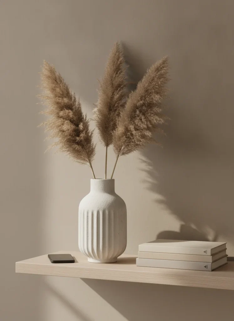 A single matte white ceramic vase with vertical fluted ridges, holding three dried pampas grass stems, sitting on a floating shelf against a warm greige wall. A small stack of neutral hardcover books sits beside it. The ceramic has a slightly rough, handmade quality. Shot on a phone from slightly below, natural daylight.