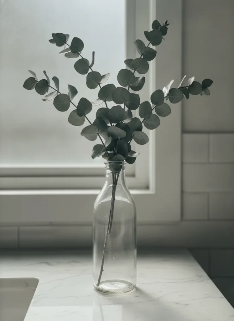  A bundle of real dried silver dollar eucalyptus stems in a tall clear glass bottle, sitting on a white bathroom vanity countertop. The leaves have that soft blue-grey color of preserved eucalyptus. Morning sunlight comes through a frosted window. Shot on iPhone portrait mode from just above countertop height.