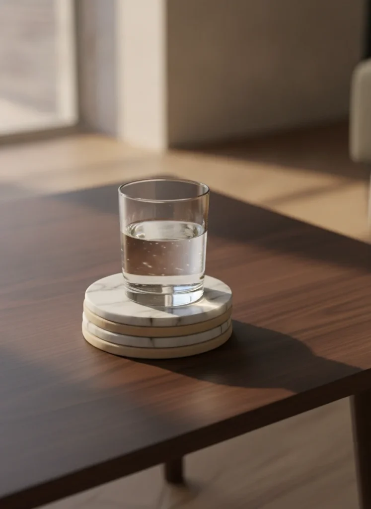  Four round white marble coasters with a light wood backing stacked on a dark walnut coffee table. A clear drinking glass with water sits on the top one. The marble veining is subtle and elegant. Shot from slightly above at a 45 degree angle, warm afternoon light, no flash.