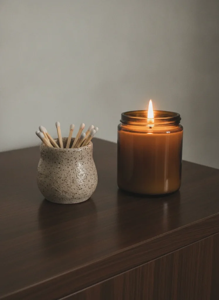 A small speckled clay ceramic match striker cup sitting next to a lit soy candle in a brown glass jar on a dark wood nightstand. A few matches with white tips stick up from inside the cup. The ceramic has a raw, handmade texture. Warm candlelight glow, very close shot on a phone, slightly moody.