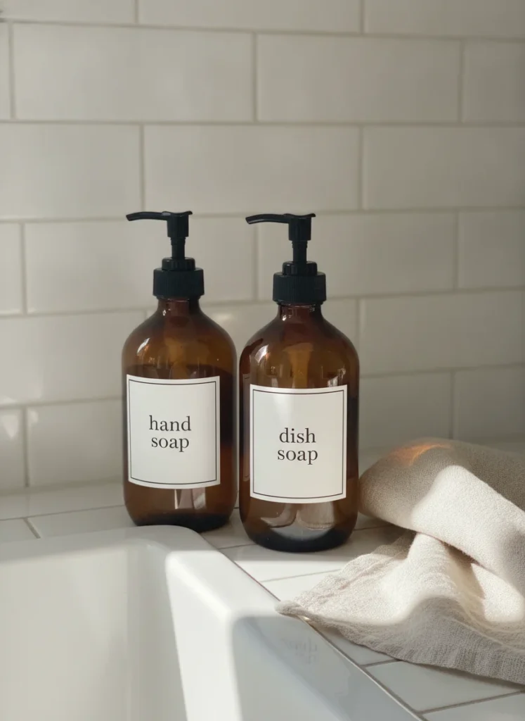 Two amber glass soap dispenser bottles with matte black pump tops and clean minimal waterproof labels reading 'hand soap' and 'dish soap', standing on a white subway tile kitchen counter near the sink. A folded cream linen towel sits beside them. Bright clean morning light, shot on a phone close up.