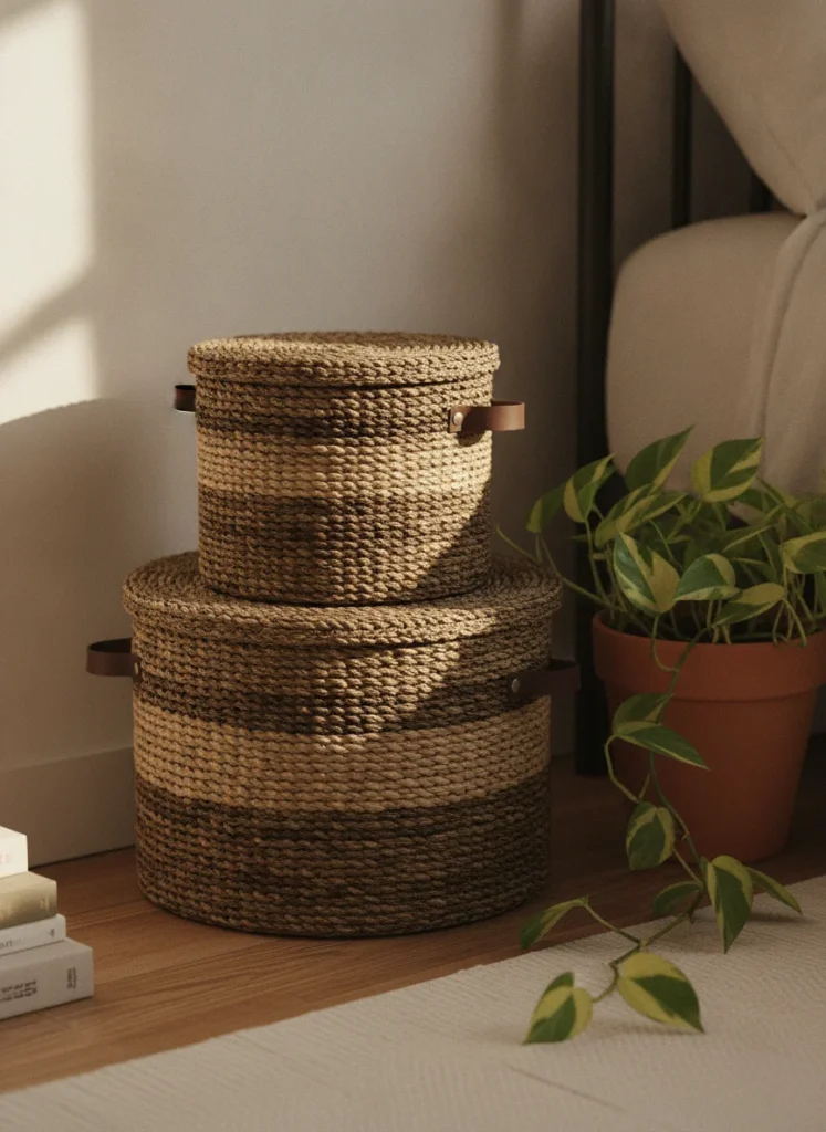 Two round woven seagrass storage baskets with lids and small leather strap handles, stacked on top of each other in the corner of a small bedroom. The natural tan and brown weave is detailed and organic. A trailing pothos plant in a terra cotta pot is partially visible beside them. Shot on a phone, warm window light.