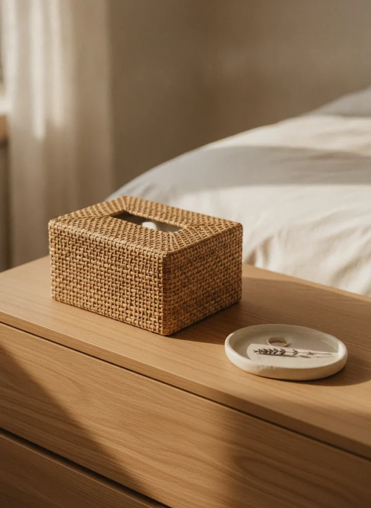A square rattan woven tissue box cover on a light oak dresser in a sunlit bedroom. The natural wicker weave is visible in detail. Next to it is a small ceramic tray with a ring dish and a sprig of dried lavender. Shot handheld from slightly above, bright warm natural light.
