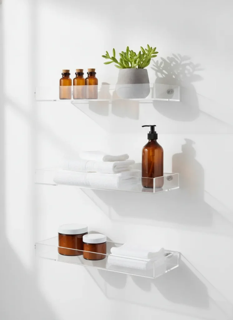 Three clear acrylic floating shelves mounted at different heights on a white bathroom wall, holding small brown glass bottles, a short green plant, and folded white washcloths. The shelves appear invisible, making the items look like they float against the wall. Shot straight on, bright clean bathroom light.