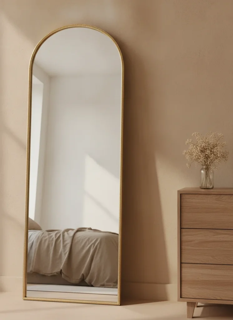 A tall arched mirror with a thin ornate gold metal frame leaning against a warm beige wall in a small bedroom, beside a dresser with a small vase of dried flowers. The mirror reflects the room softly. Shot on an iPhone from standing height, natural window light from the left.