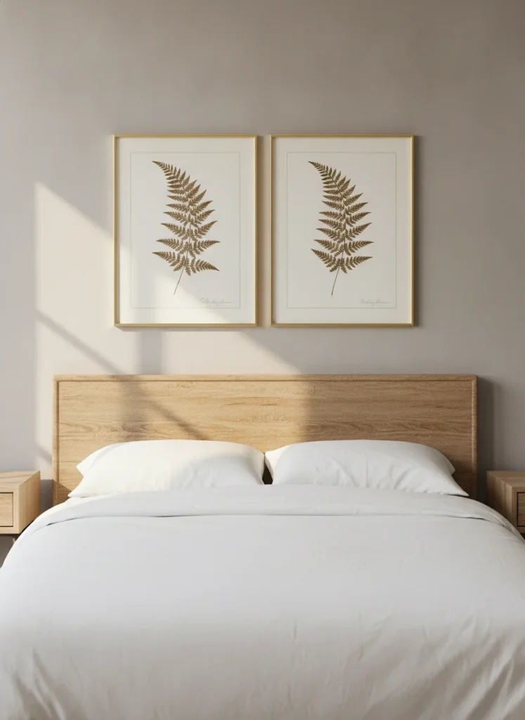 Two matching framed botanical prints in thin gold frames, hung symmetrically above a wooden bed headboard. The prints show delicate pressed fern illustrations on an off-white background. Morning light hits the frames gently. Shot from across the room on an iPhone, the bed and nightstands just visible below.