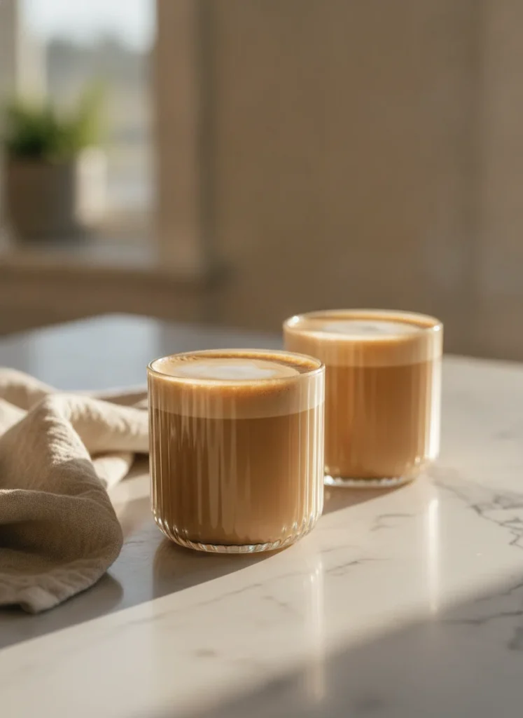 Two ribbed glass coffee mugs filled with creamy lattes, sitting on a light marble countertop with a linen dish towel folded beside them. Morning light hits the mugs from the right and the fluted glass catches the light in fine vertical bands. Shot on a phone very close up, background soft and out of focus.