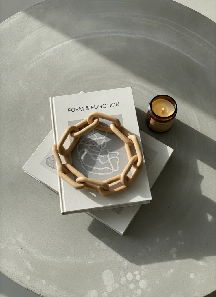 A natural paulownia wood chain link draped loosely over a stack of two oversized art books on a concrete coffee table. A small brown glass candle jar sits beside the stack. Shot from directly above on a phone, bright soft overhead light, very clean and minimal.