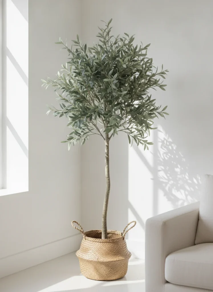 A realistic 4 foot faux olive tree with natural-looking grey-green leaves in a woven seagrass basket pot, standing in the corner of a small white living room. Afternoon light from a nearby window creates gentle shadows through the branches. Shot from slightly above on an iPhone, the room corner and a sofa arm visible.