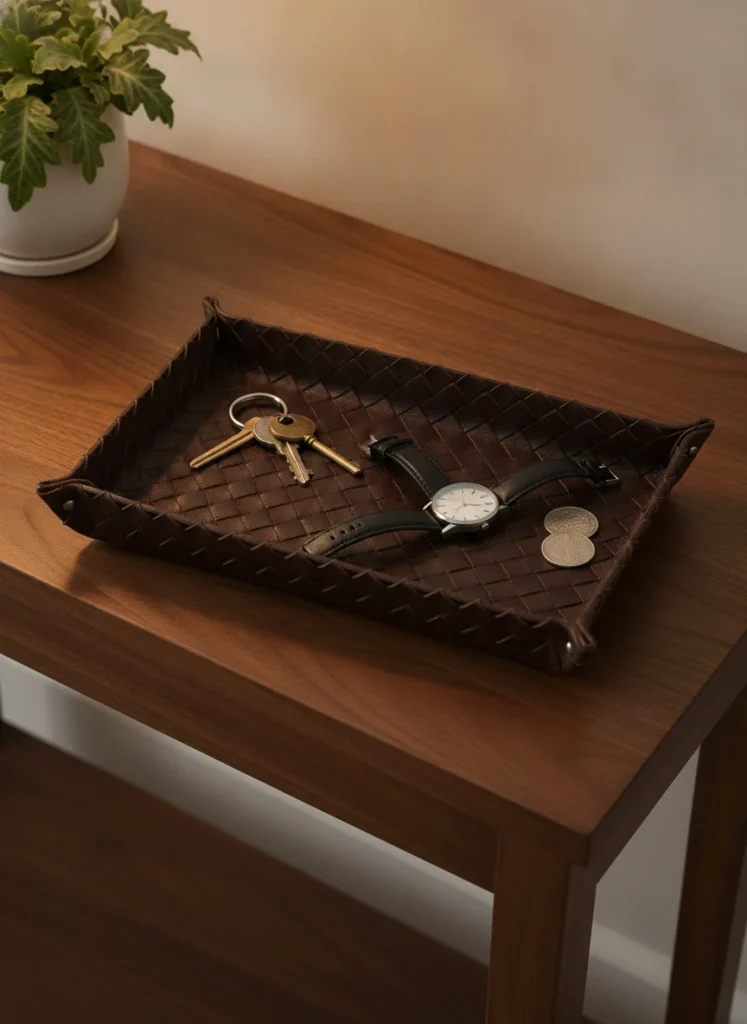 A rectangular dark brown woven leather valet tray on a dark wood entryway console, holding a key ring, a watch, and two coins. The woven leather texture is rich and detailed. A small plant is just visible behind it. Shot handheld from above at a slight angle, warm indoor lamp light.