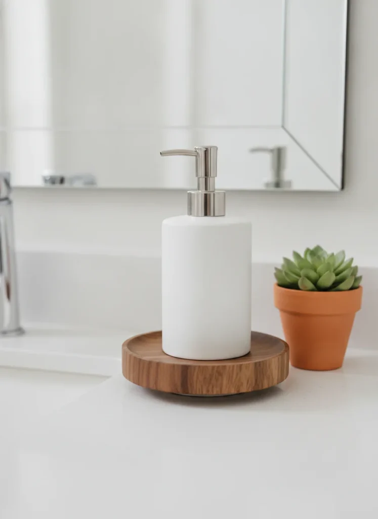 A small round fluted wood pedestal riser on a bathroom vanity countertop, lifting a simple hand soap dispenser. The warm walnut finish contrasts against a white countertop. A small succulent in a clay pot sits beside it. Bright clean bathroom light, shot on a phone from countertop level.