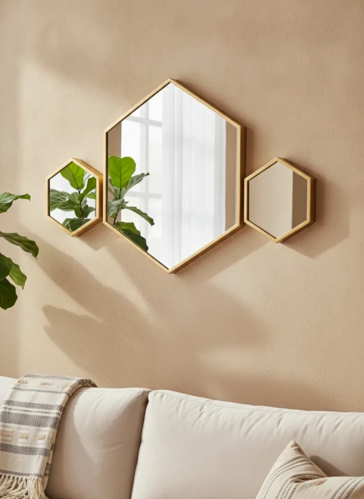 A cluster of three gold hexagon mirrors of different sizes arranged on a warm beige living room wall above a sofa. The thin gold metal frames catch the light. The mirrors reflect parts of the room back. Shot from sitting height on a phone, slightly imperfect angle, natural afternoon light.