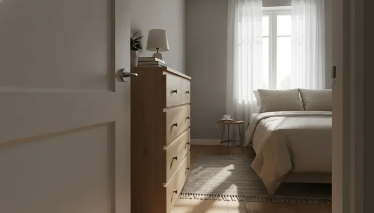 A small bedroom photographed from the doorway, showing a standard interior door swinging inward and partially blocking a dresser that has been pushed awkwardly to accommodate it. The room is tidy but clearly constrained by the door position. Natural daylight from a window across the room. Shot on iPhone from just outside the door frame, slightly low angle.