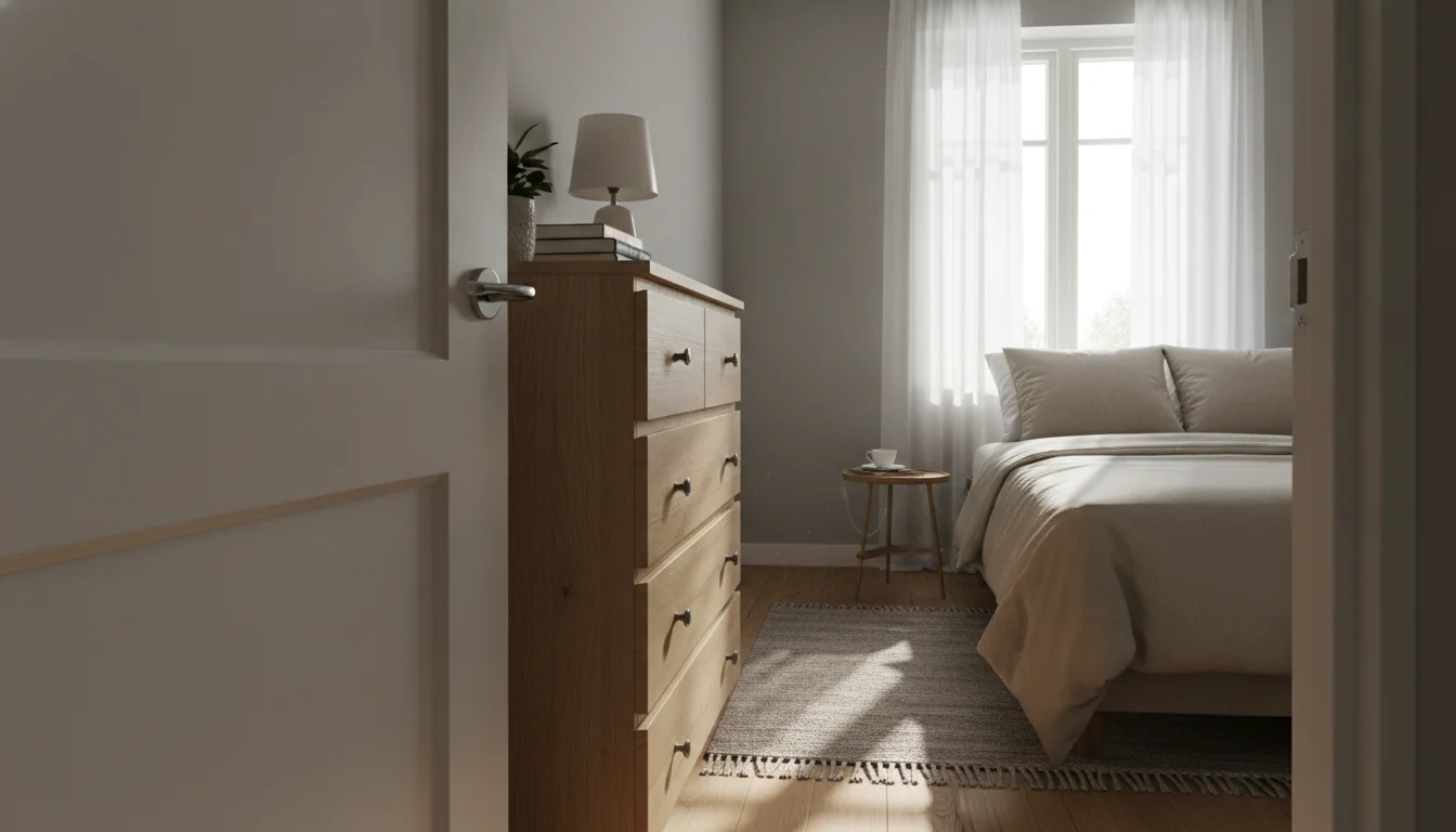 A small bedroom photographed from the doorway, showing a standard interior door swinging inward and partially blocking a dresser that has been pushed awkwardly to accommodate it. The room is tidy but clearly constrained by the door position. Natural daylight from a window across the room. Shot on iPhone from just outside the door frame, slightly low angle.
