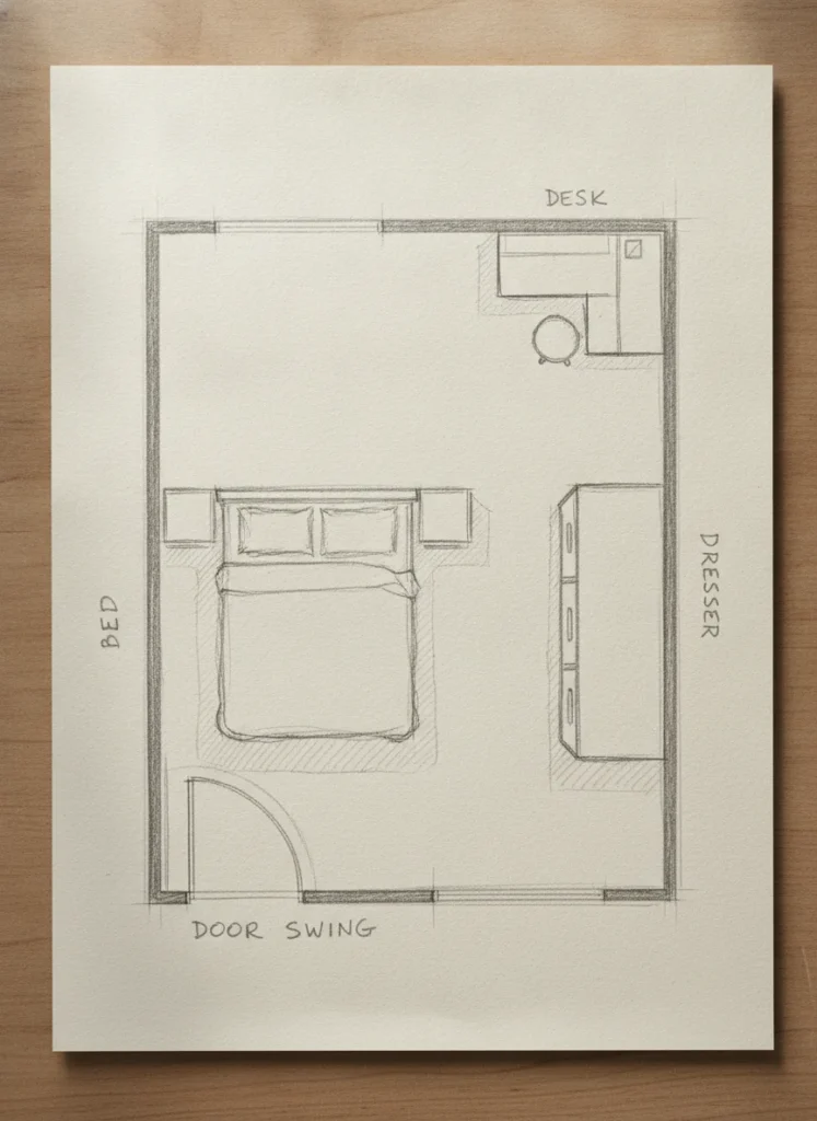 A top-down hand-drawn style diagram of a small bedroom floor plan, showing a door swinging inward with a shaded arc indicating the clearance zone. Furniture is arranged around the arc: bed against the far wall, dresser on the adjacent wall, a small desk in the corner opposite the door. Clean pencil sketch on cream paper, natural light, shot on phone from directly above.