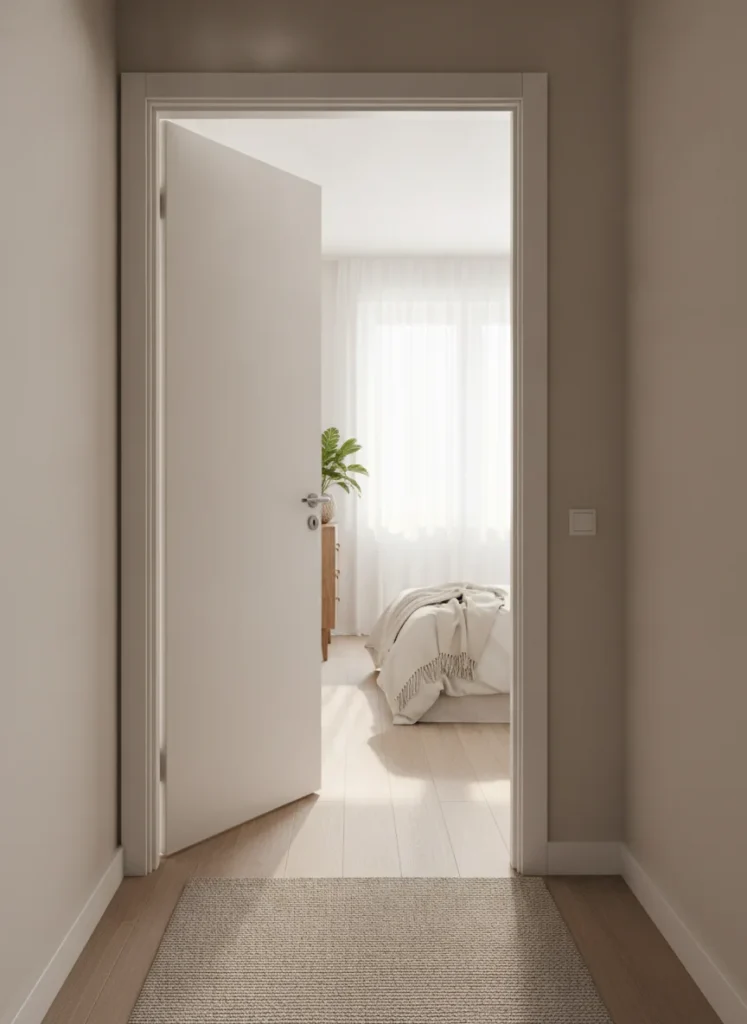 A small bedroom door shown from the hallway side, swinging outward into a wide enough hallway. The bedroom interior is visible behind it, clean and open with no furniture blocking the area where the door previously swung inward. Shot on an iPhone from the hallway at standing height, warm natural light from the bedroom window.