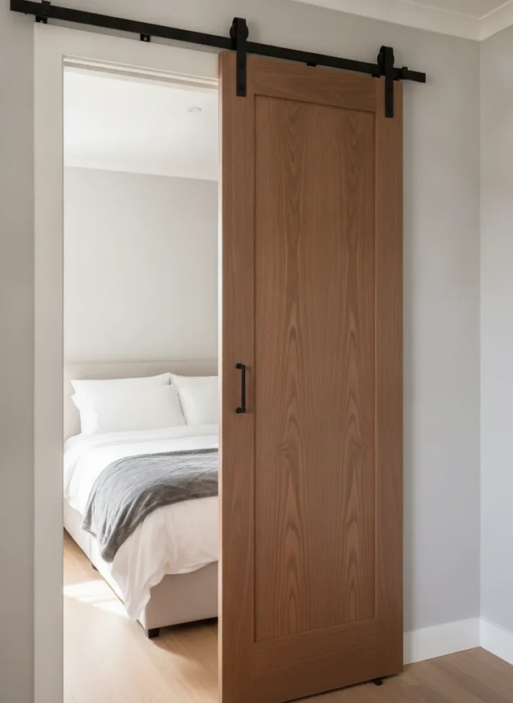A matte black sliding barn door hardware track mounted above a small bedroom doorway, with a warm walnut wood panel door slid partially open to the right. The bedroom interior shows a clean, organized space with a bed, no furniture within the door swing zone. Shot from inside the bedroom at standing height, bright natural light, shot on iPhone with slightly warm tones.