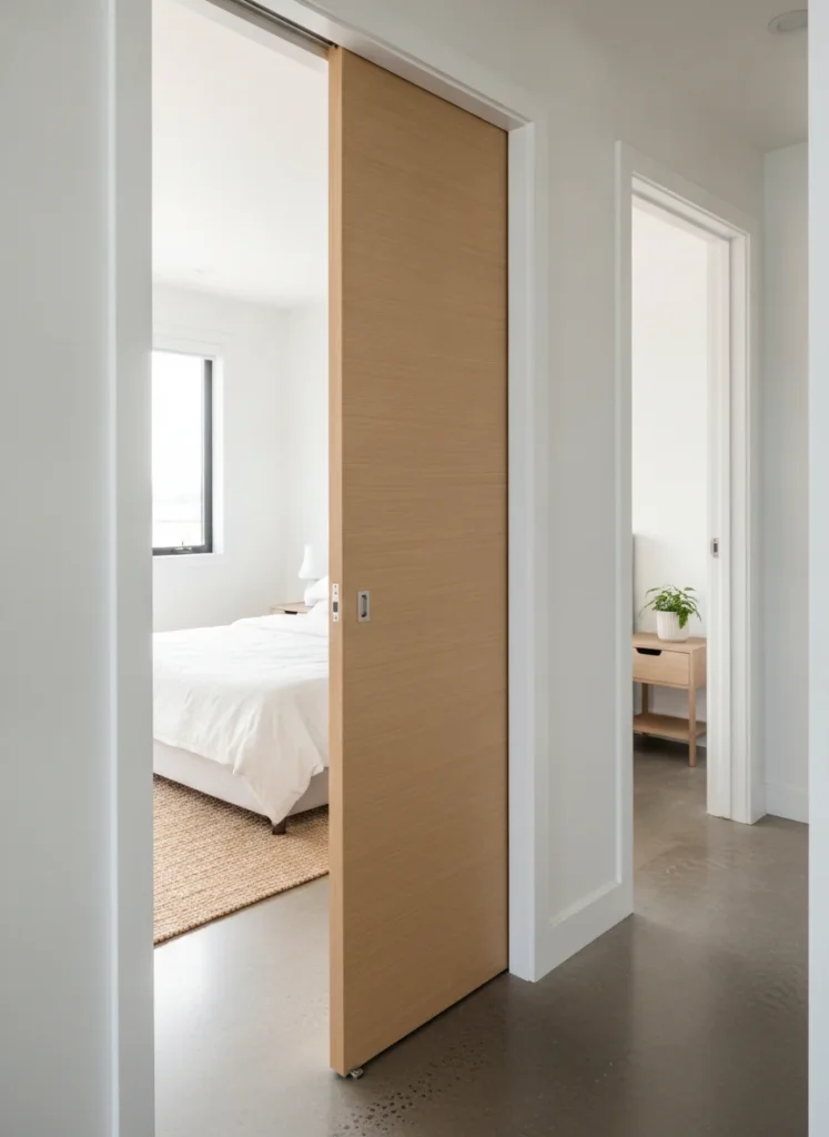 A pocket door sliding into the wall cavity beside a small bedroom doorframe. The door is halfway open, showing how it disappears completely into the wall with no hardware visible on the wall surface when open. The bedroom beyond is bright and organized. Shot from just outside the doorway on a phone, natural light.