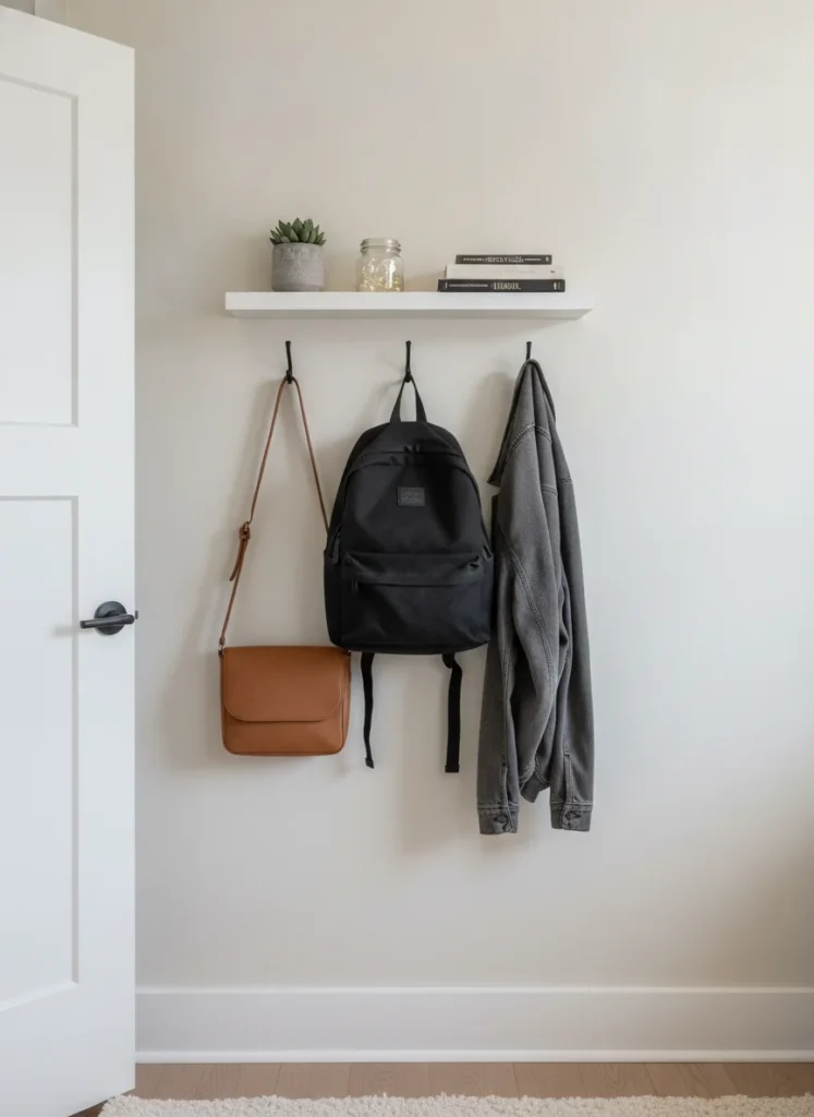 The wall behind an open interior bedroom door, used as a functional storage surface. Three wall-mounted hooks in matte black hold bags and a jacket. A slim floating shelf just above head height holds small items. The door is fully open and flat against the wall, revealing the storage only when the door is closed. Shot on iPhone in portrait mode, warm indoor light.