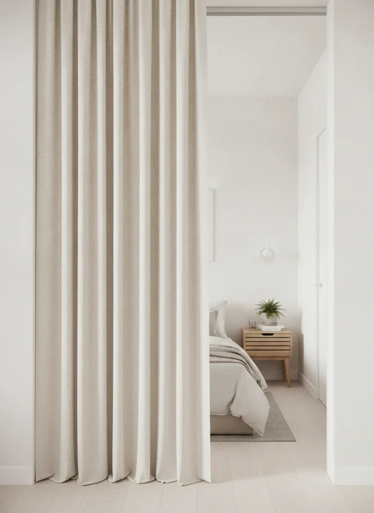 A floor-to-ceiling heavy linen curtain panel in warm off-white, hung from a ceiling-mounted curtain track, replacing a bedroom door. The curtain is partially drawn to one side revealing a small organized bedroom. The hallway beyond is softly lit. Shot from inside the bedroom on a phone, soft natural daylight, loose and airy feel.