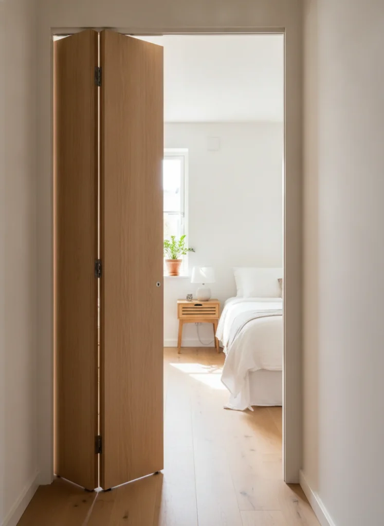 A bifold door in a light natural wood finish, folded back to one side of a small bedroom doorway. The folded panels take up much less wall space than a standard door swing. The bedroom beyond is clean and bright. Shot from the hallway at standing height on an iPhone, warm natural light.