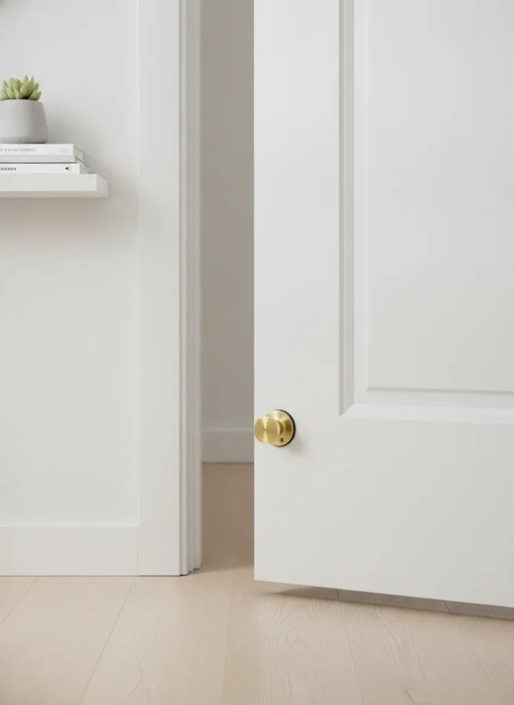 A small brushed brass floor-mounted doorstop holding a white painted bedroom door flat and open against the wall. The floor space that the door arc normally occupies is clearly visible and unobstructed. A slim floating shelf is mounted on the wall beside the door. Shot close up on a phone, bright clean light, sharp focus on the doorstop.
